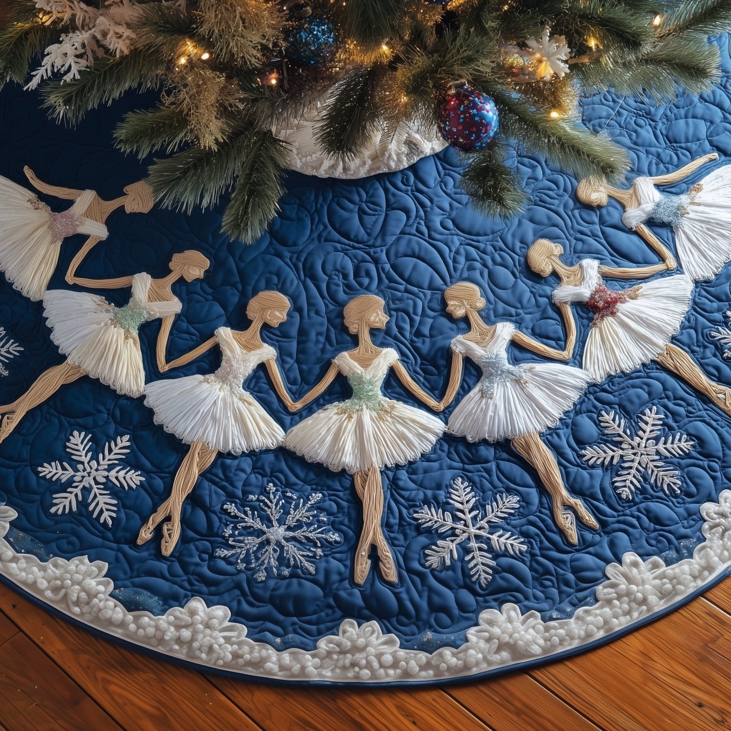 Snowflake Ballerinas on Blue Christmas Tree Skirt