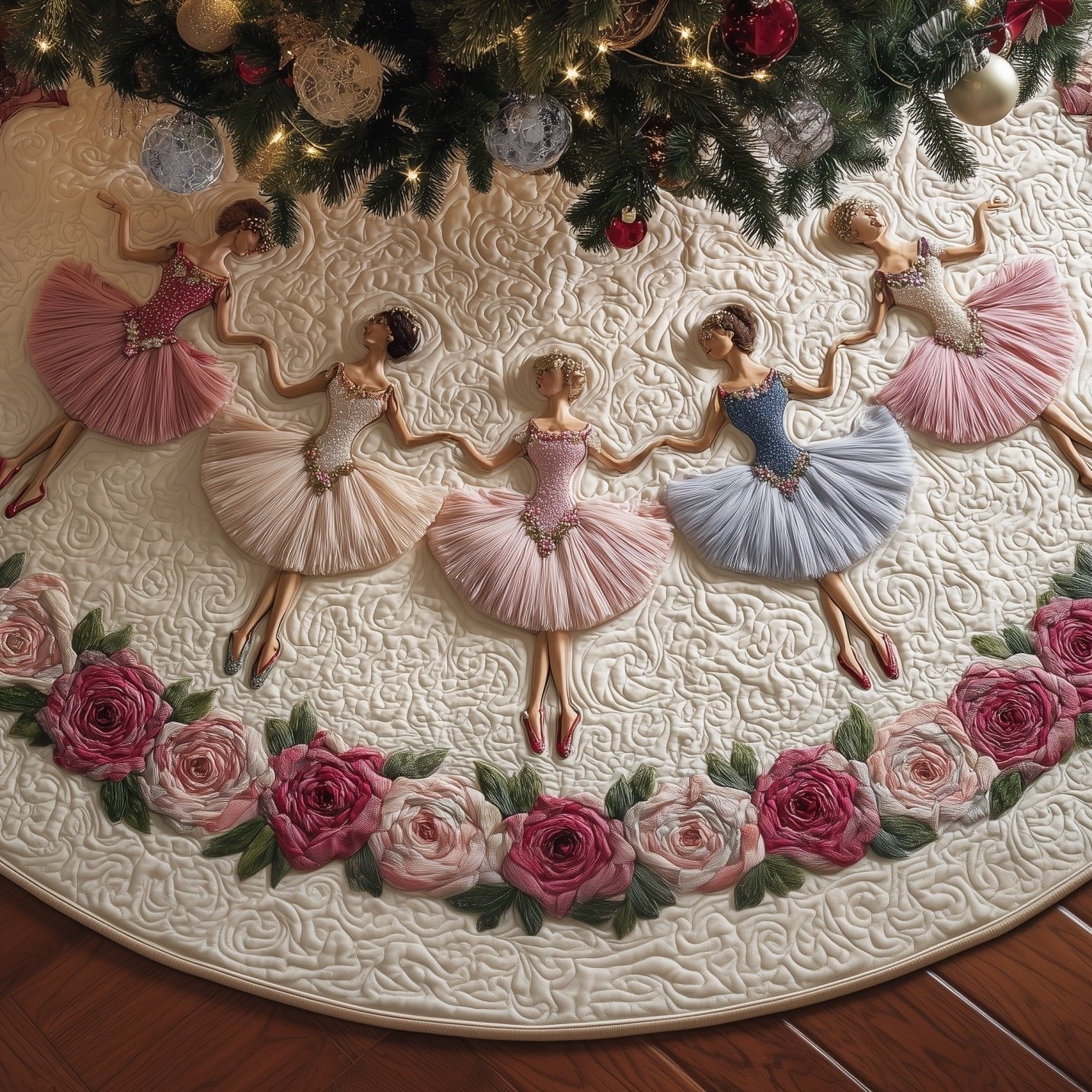 Ballerinas in Pink Tutus with Roses Christmas Tree Skirt