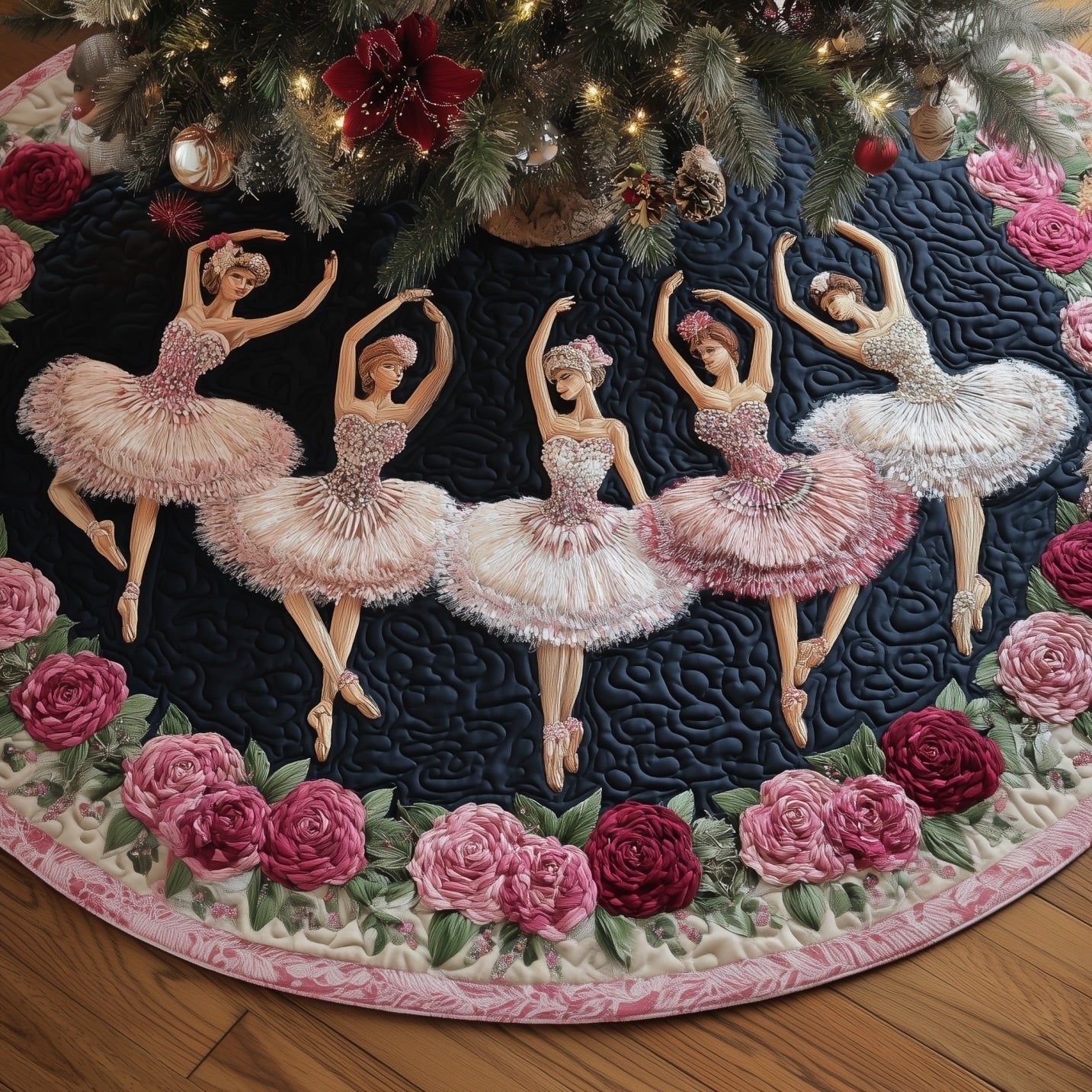 Ballerinas on Black with Pink Roses Christmas Tree Skirt