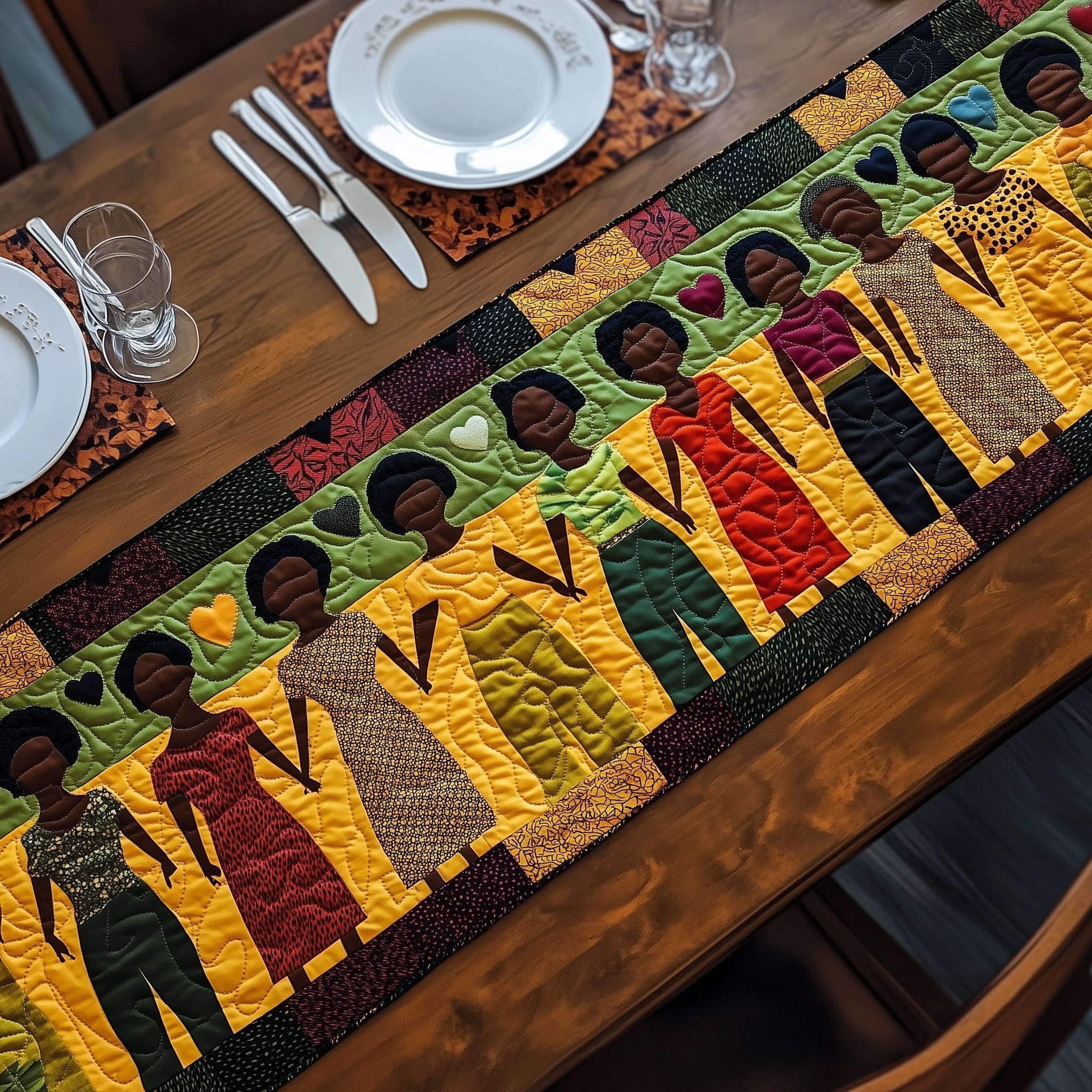 Figures on Green and Yellow Chevrons Table Runner