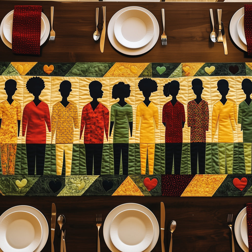 Standing Figures Holding Red Hearts Table Runner