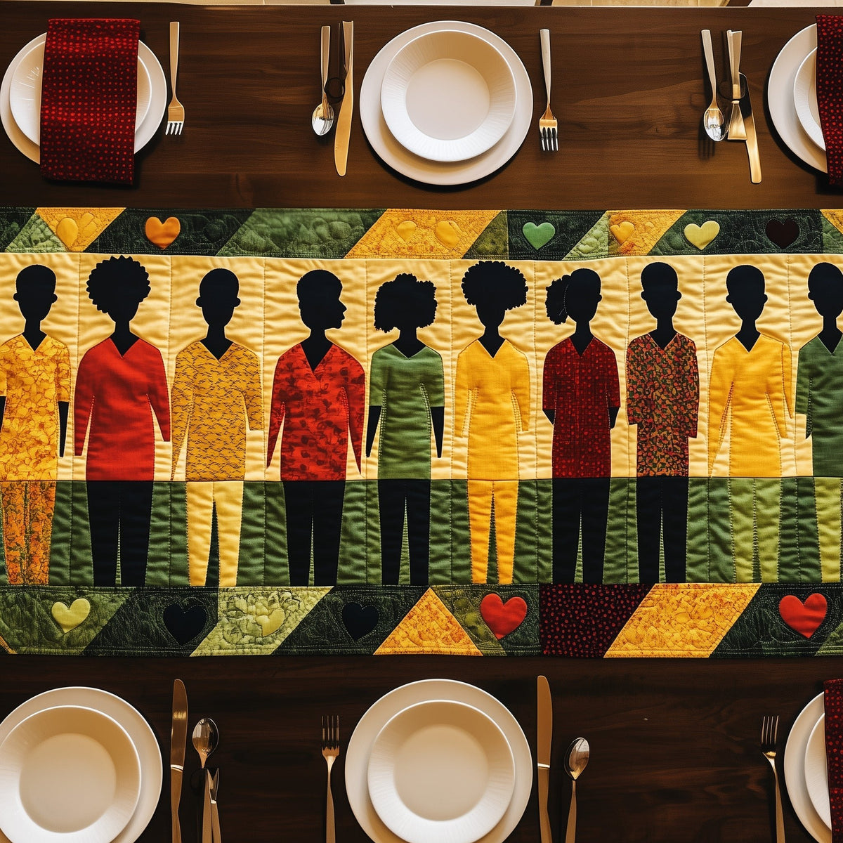 Standing Figures Holding Red Hearts Table Runner