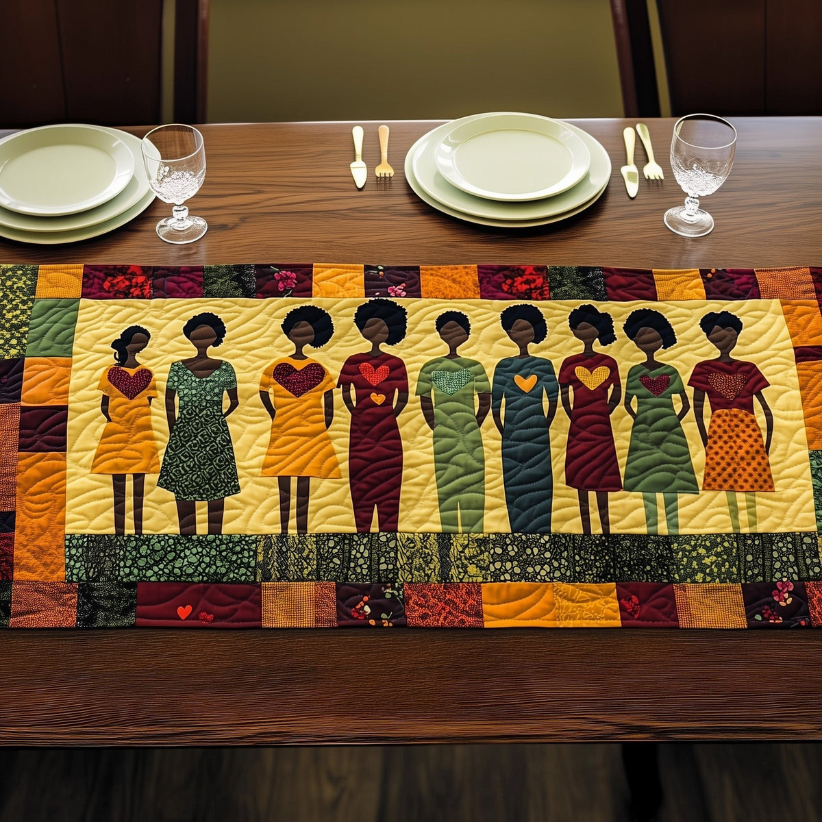 Women in Dresses on Striped Bands Table Runner