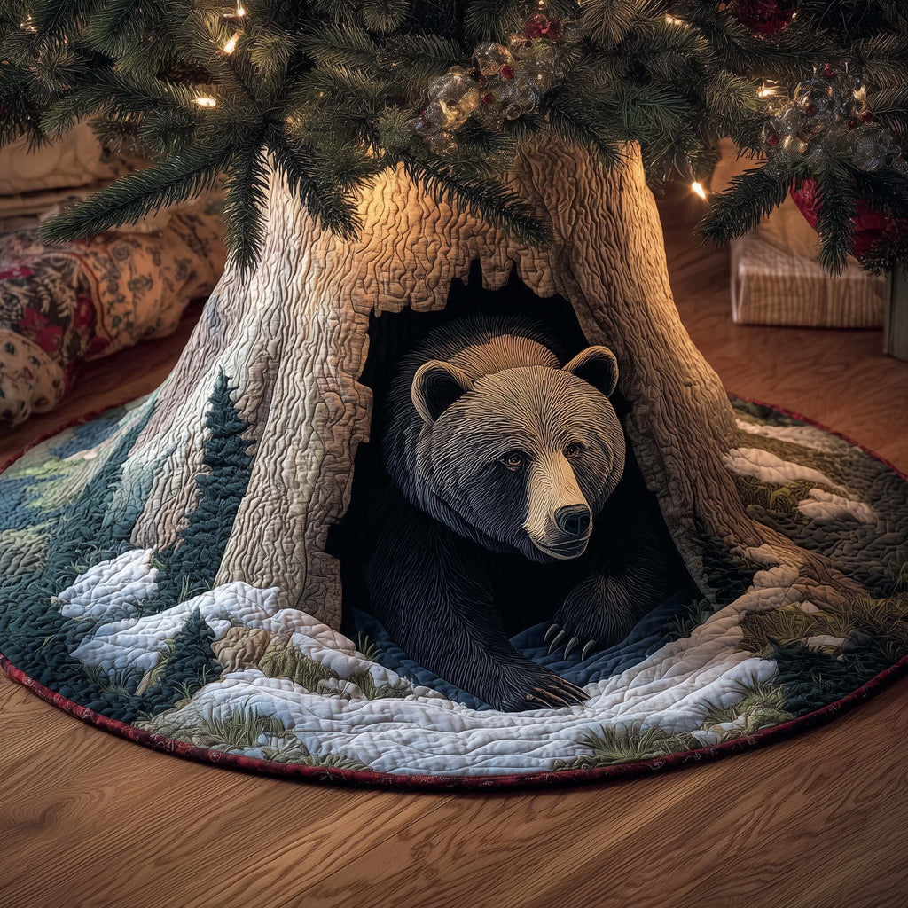 Black Bear in the Snowy Den Christmas Tree Skirt