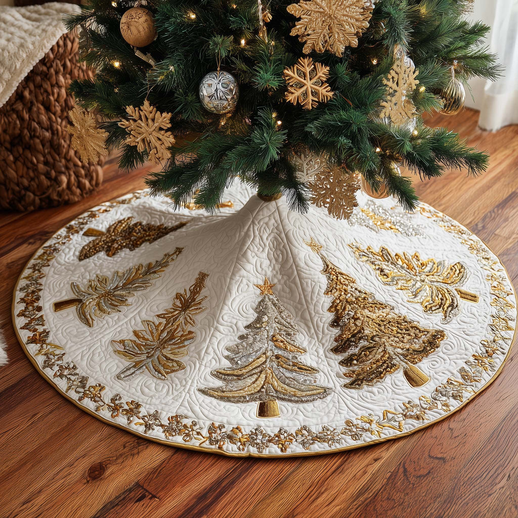 Ivory Quilt with Golden Pine Trees Christmas Tree Skirt
