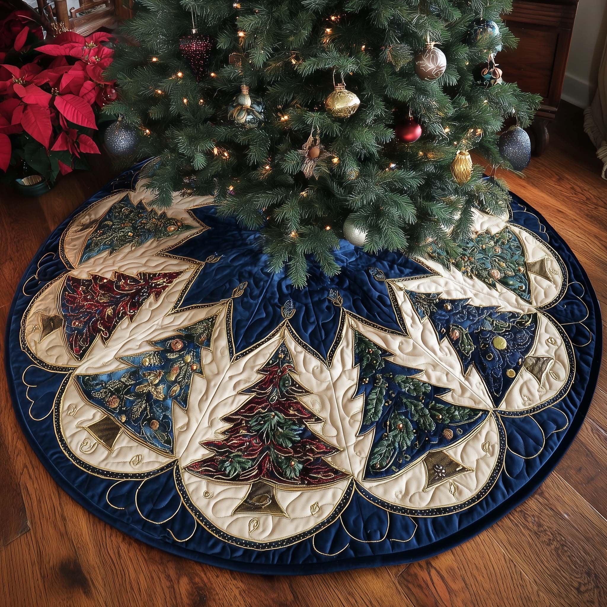 Star Point Trees in Navy and Gold Christmas Tree Skirt