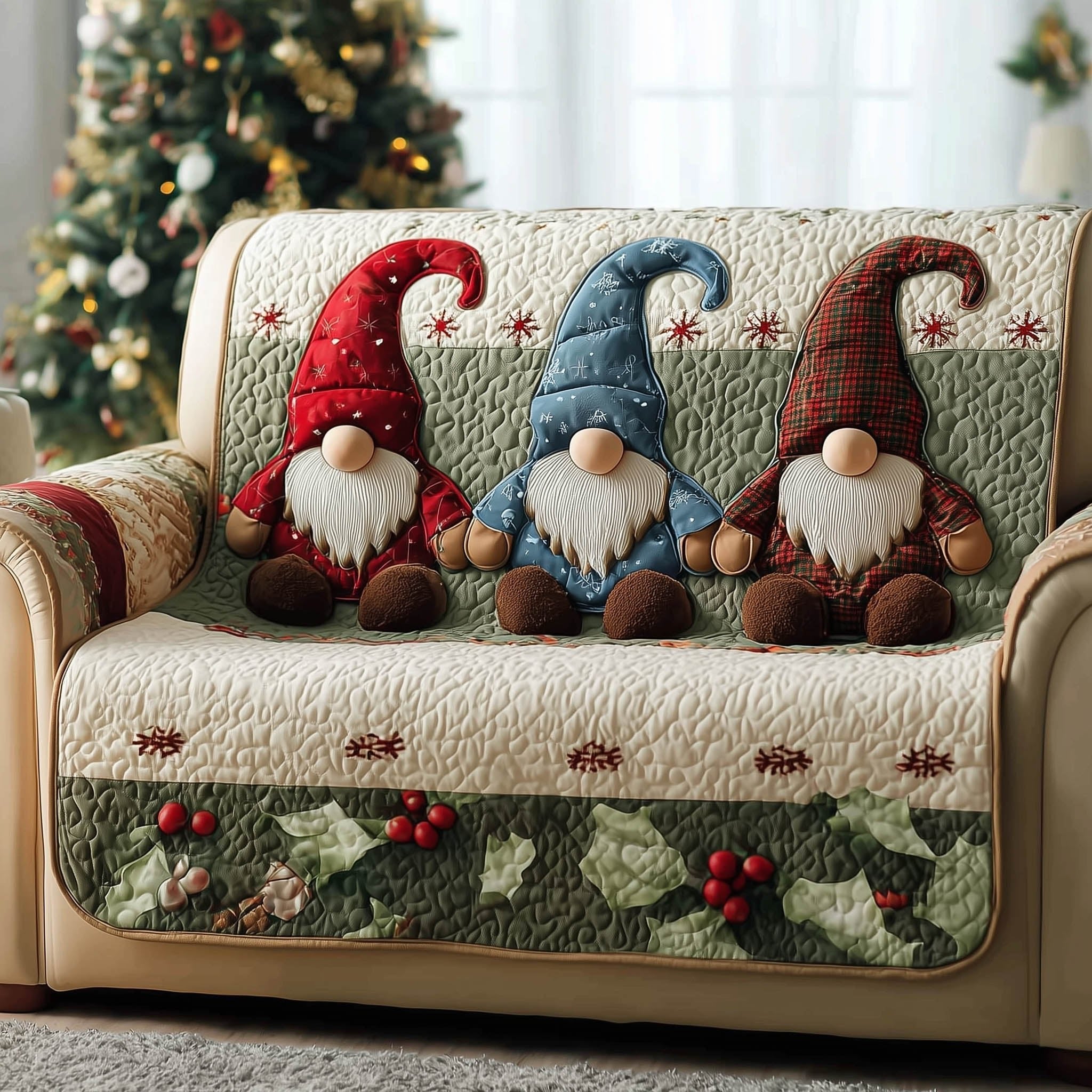 Three Gnomes Above the Holly Border Sofa Cover