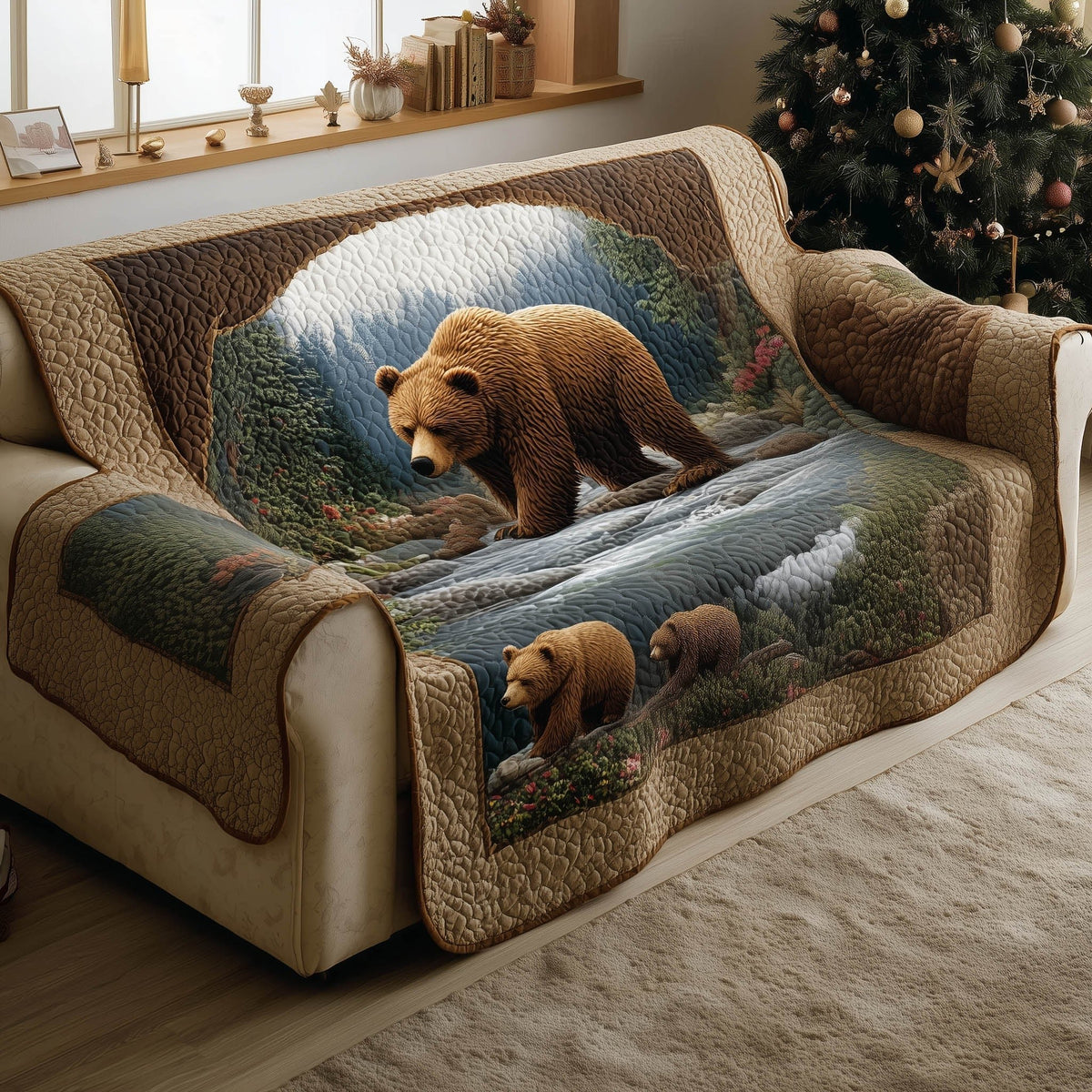 Bear and Cub Crossing the Stream Sofa Cover