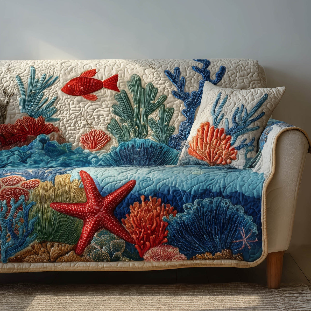 Red Starfish on the Blue Coral Reef Sofa Cover