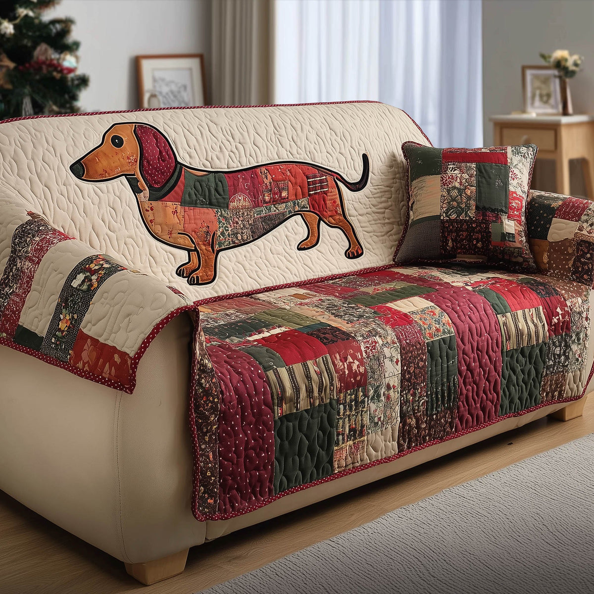 Dachshund on the Red Patchwork Border Sofa Cover