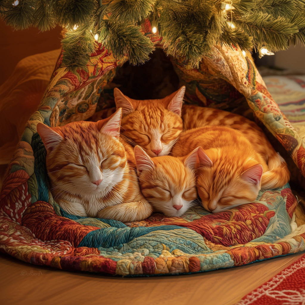 Sleeping Ginger Cats on Teal Christmas Tree Skirt