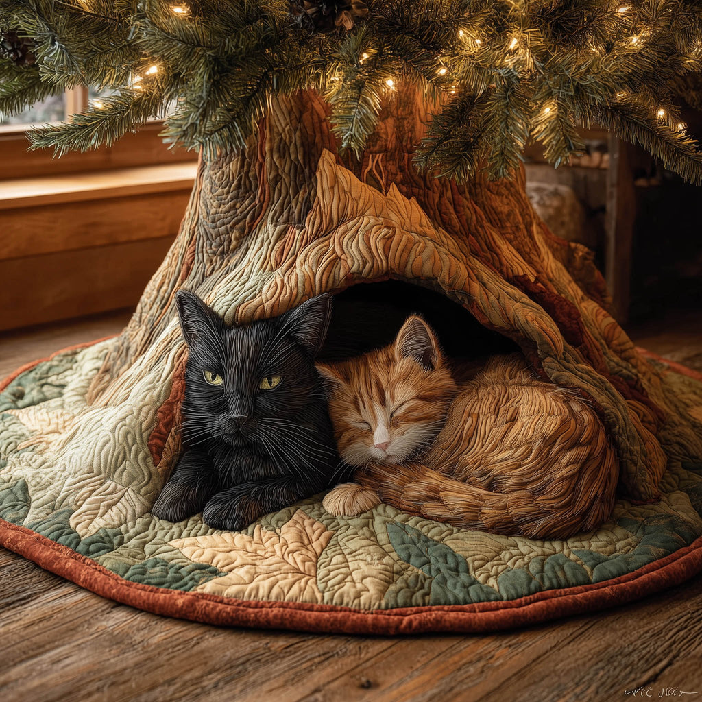 Black and Ginger Cats Curled Christmas Tree Skirt