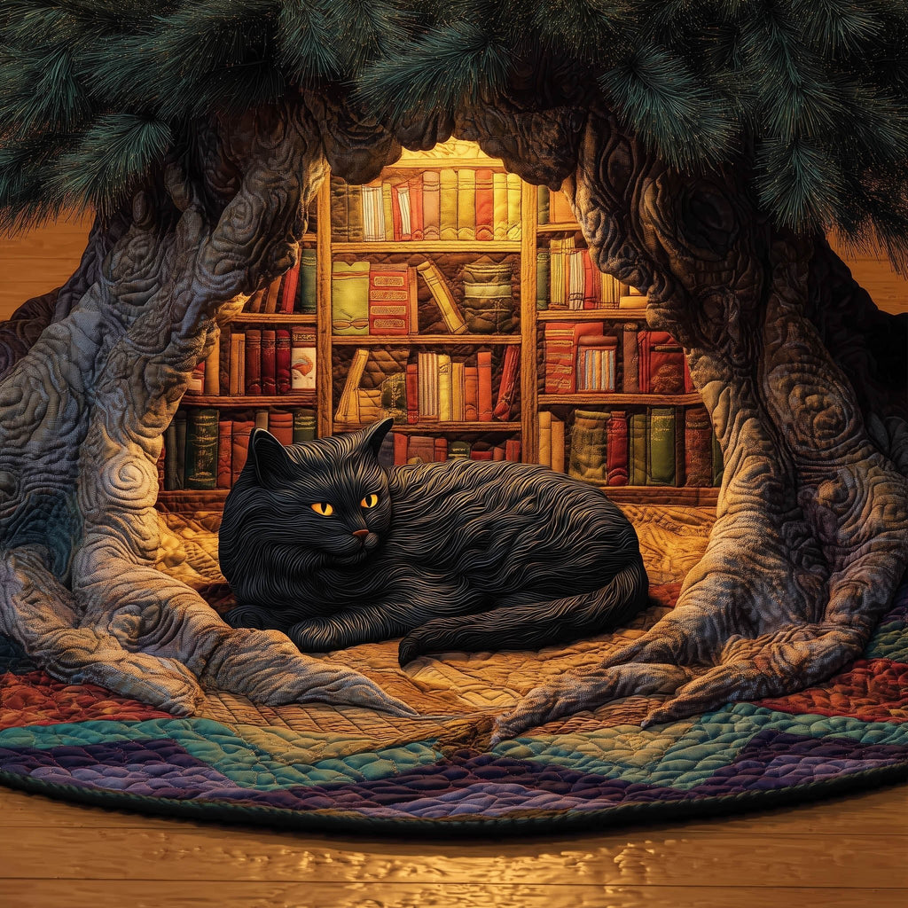 Black Cat in the Cozy Library Christmas Tree Skirt