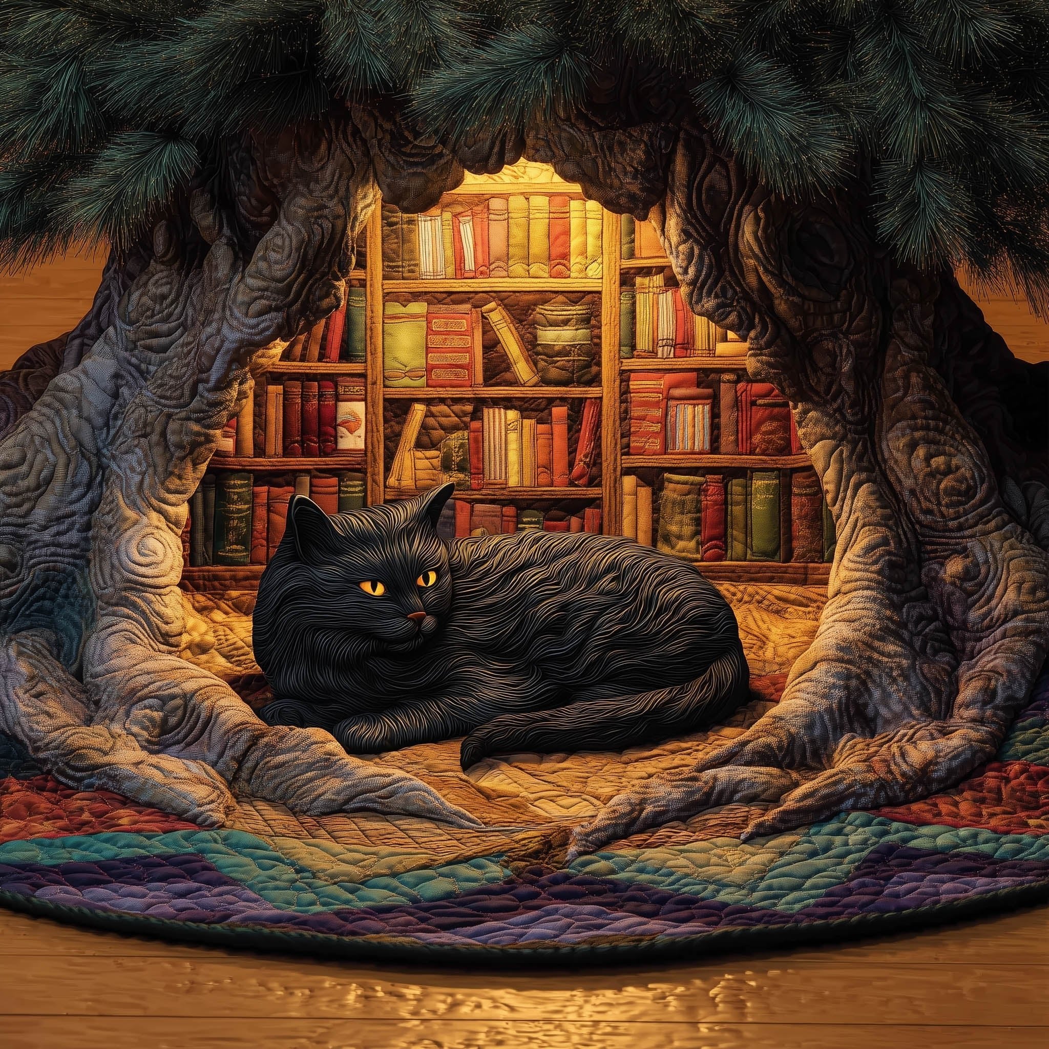 Black Cat in the Cozy Library Christmas Tree Skirt