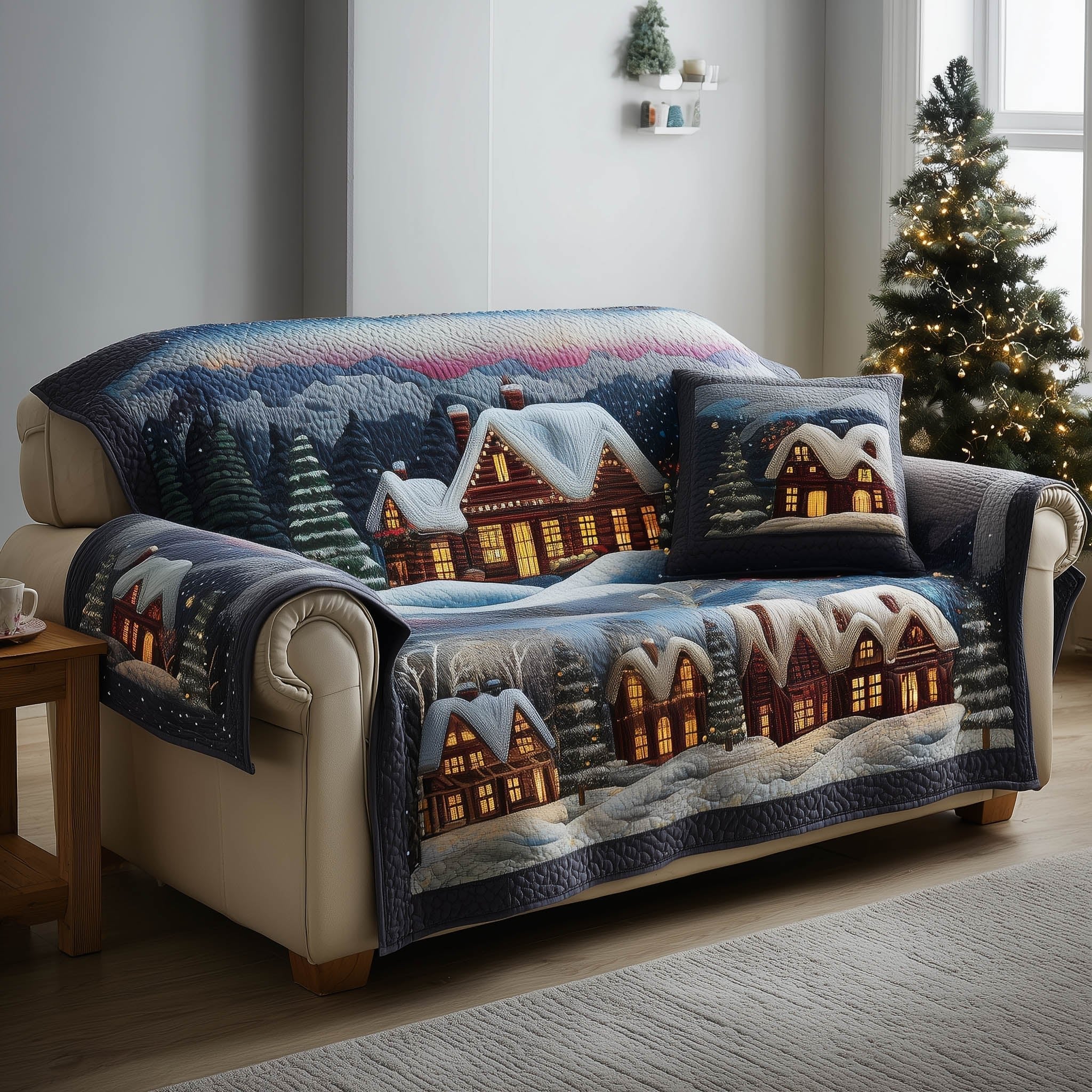 Snow Covered Cottages on Midnight Blue Sofa Cover