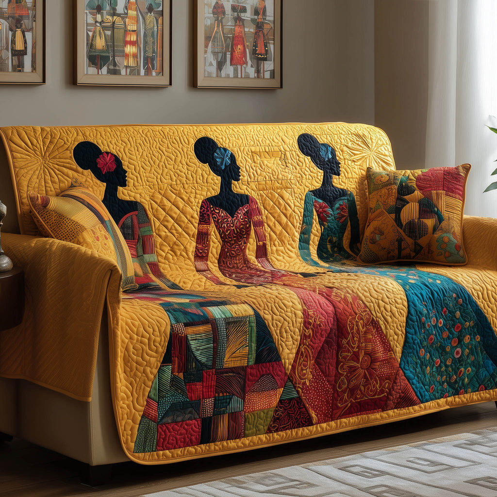 Women in Gold and Red Patchwork Dresses Sofa Cover