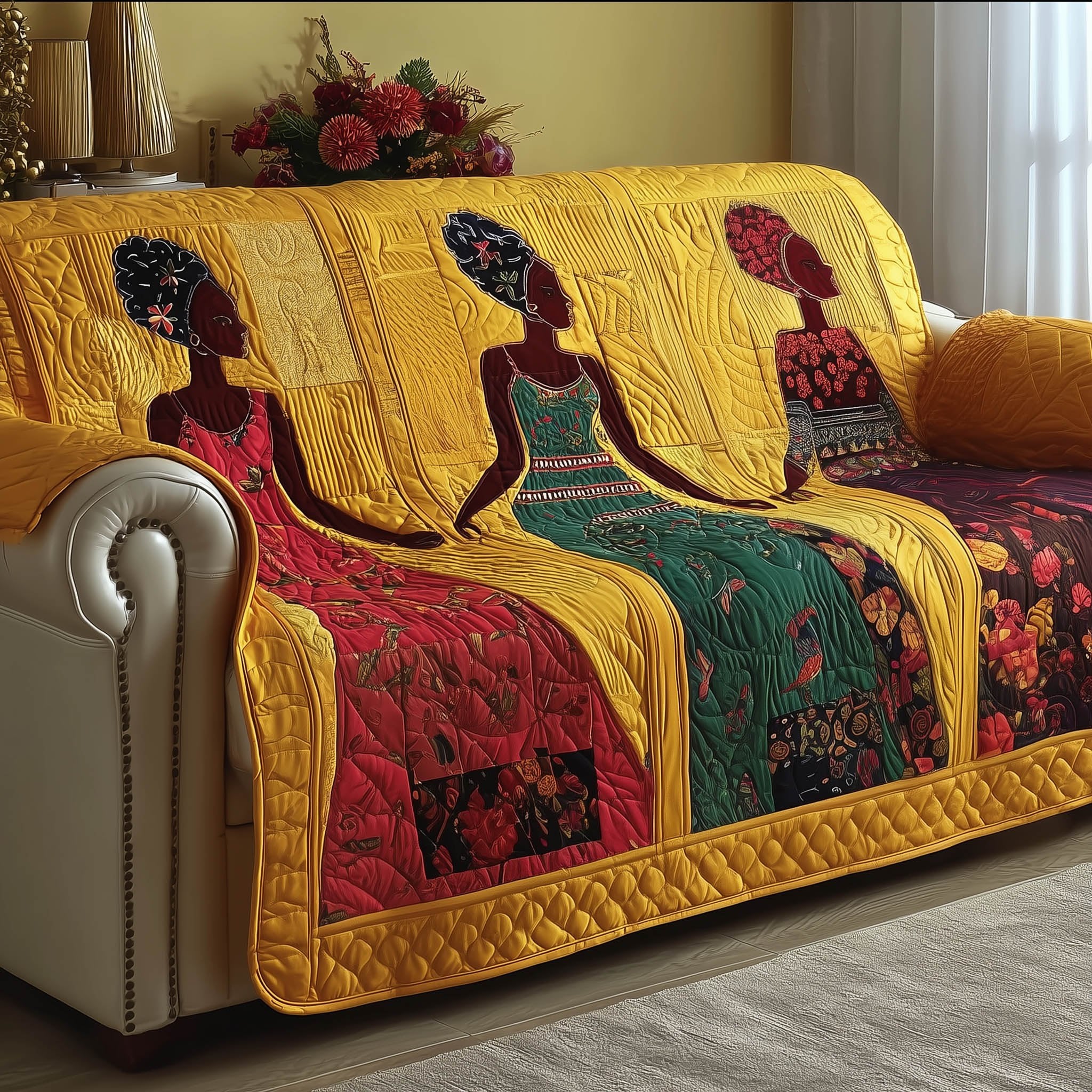 Women in Crimson and Gold Gowns Sofa Cover
