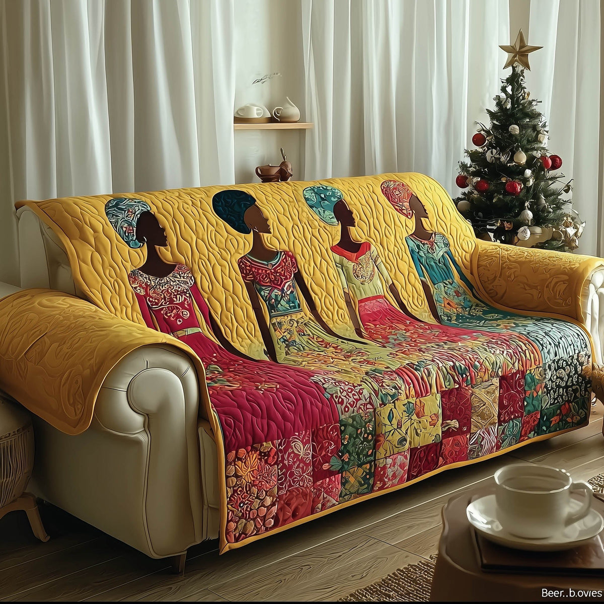Women in Bright Prints on Sunny Yellow Sofa Cover