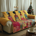 Women in Bright Prints on Sunny Yellow Sofa Cover