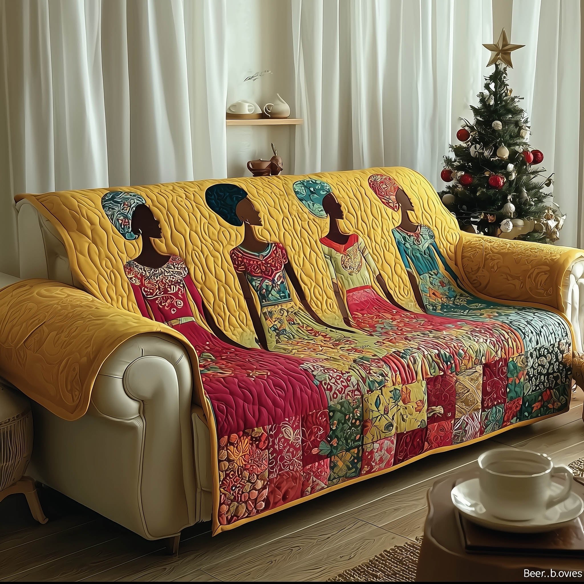 Women in Bright Prints on Sunny Yellow Sofa Cover
