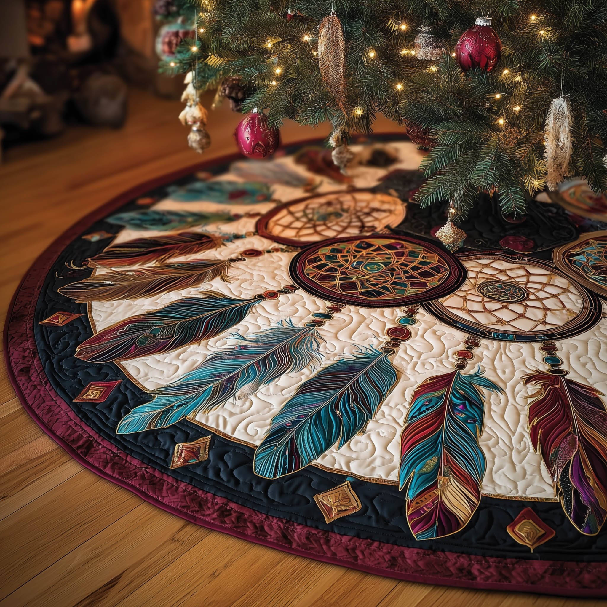 Dreamcatcher with Teal and Red Feathers Christmas Tree Skirt