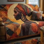 Woman in Profile on Amber Patchwork Sofa Cover