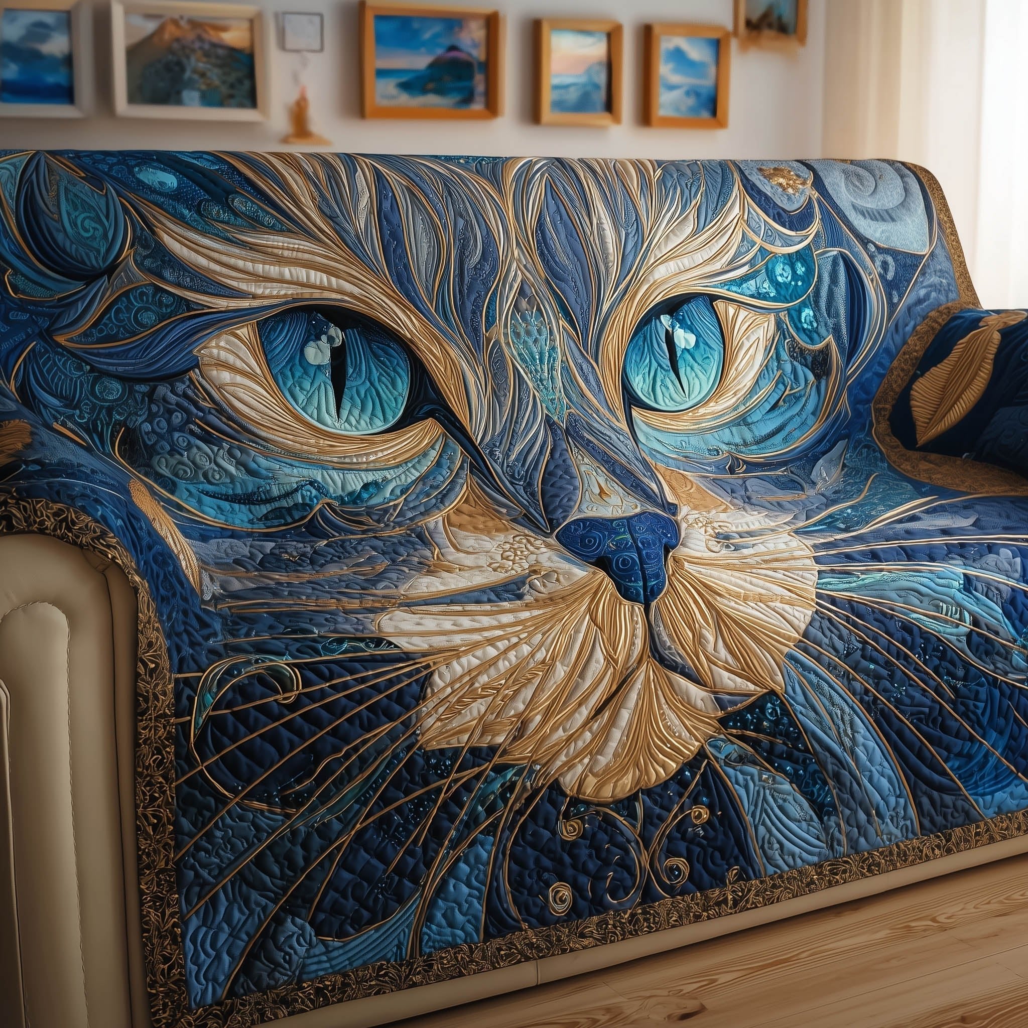 Blue Cat Face in Swirling Stitches Sofa Cover