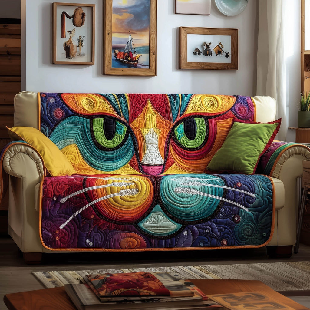 Bright Cat Face on Purple Swirls Sofa Cover