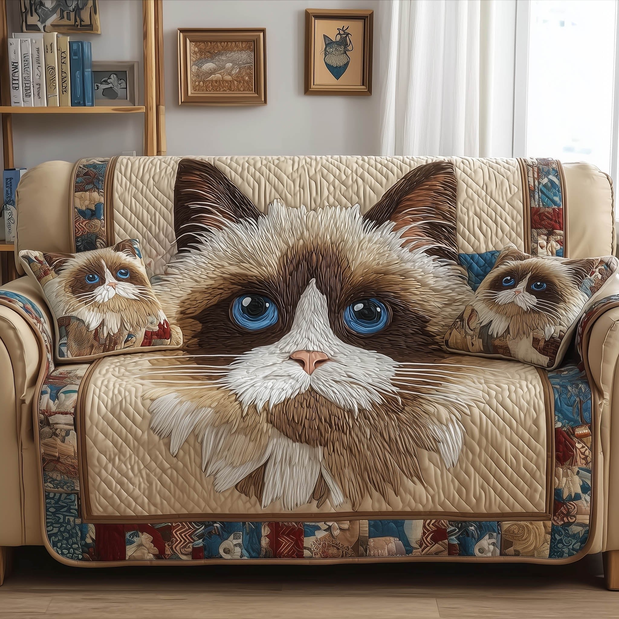 Fluffy Blue Eyed Cat Peeking Out Sofa Cover