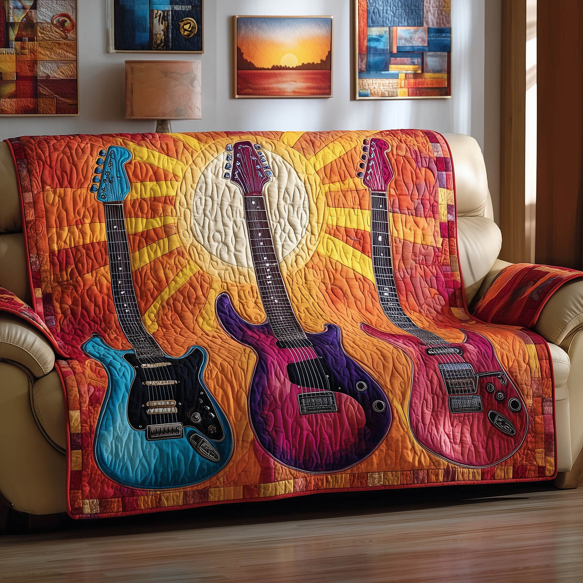 Electric Guitars on the Orange Sunburst Sofa Cover