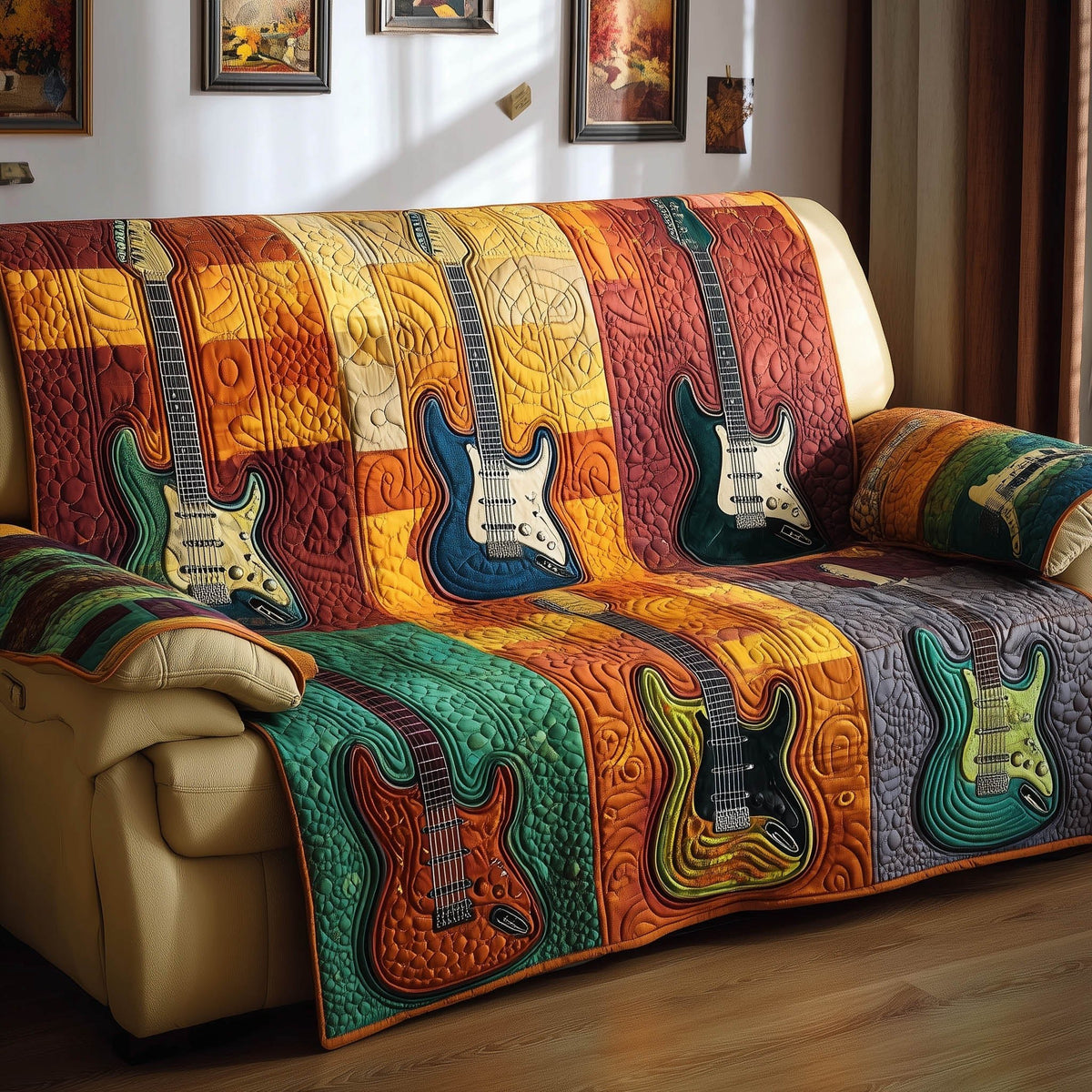 Electric Guitars in Teal and Amber Sofa Cover