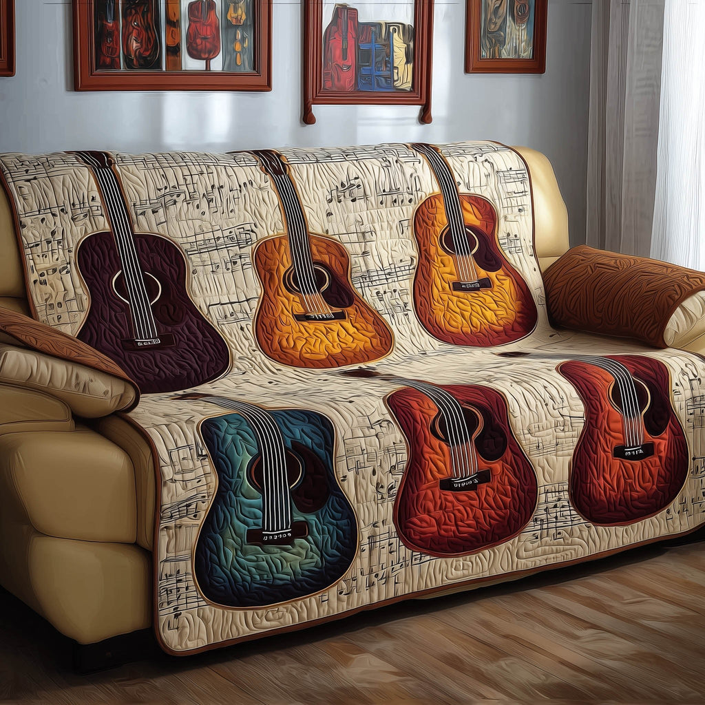 Acoustic Guitars on the Sheet Music Sofa Cover