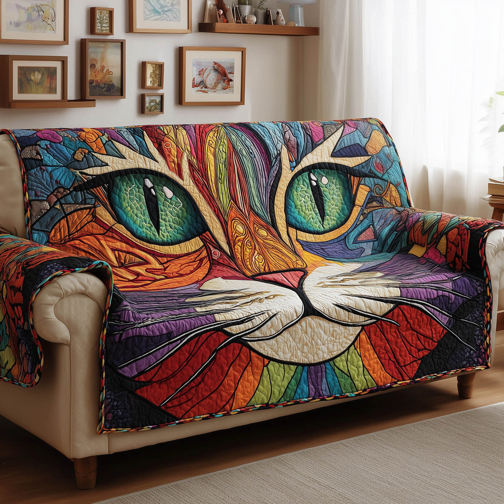 Rainbow Cat Face with Green Eyes Sofa Cover