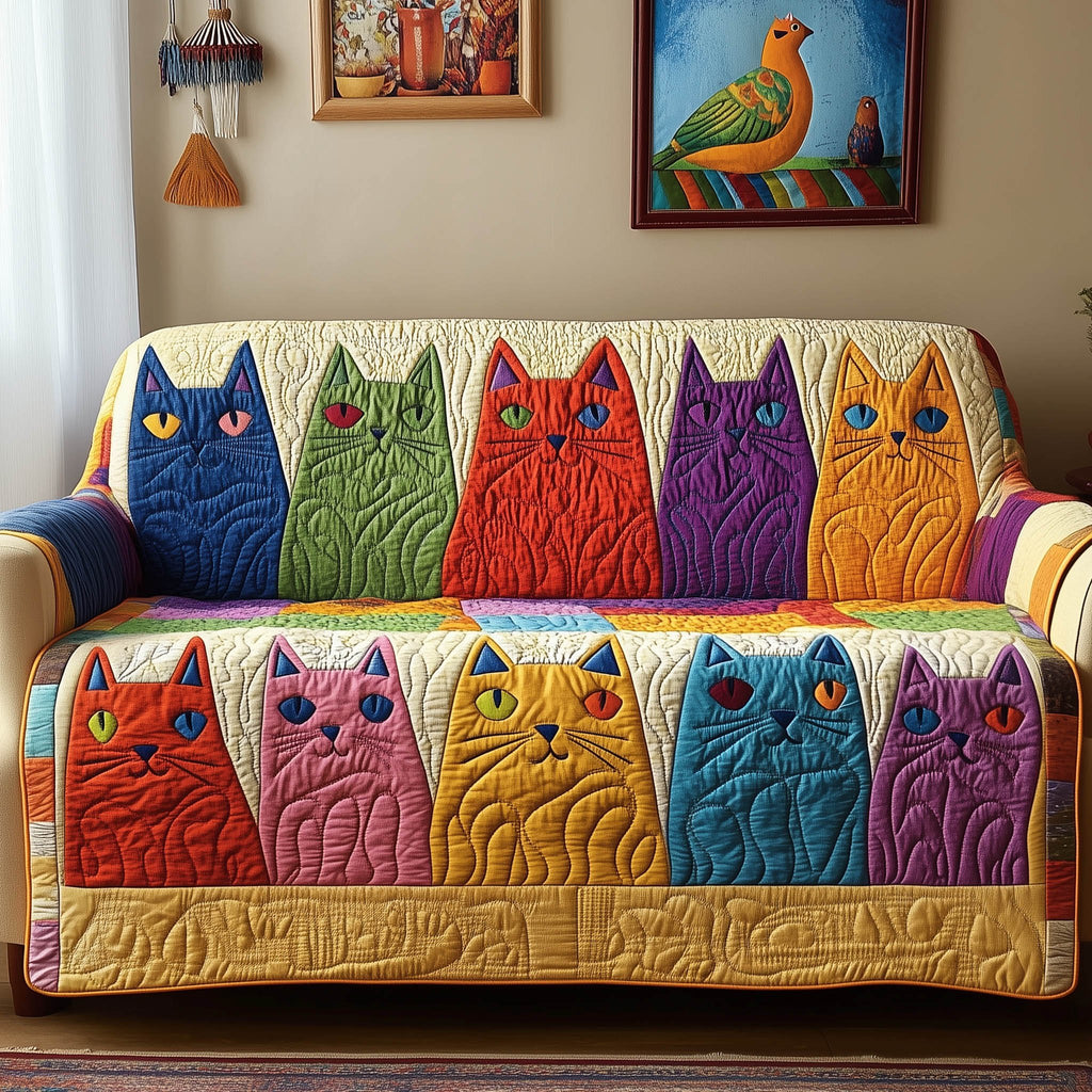 Rows of Colourful Folk Cats Sofa Cover