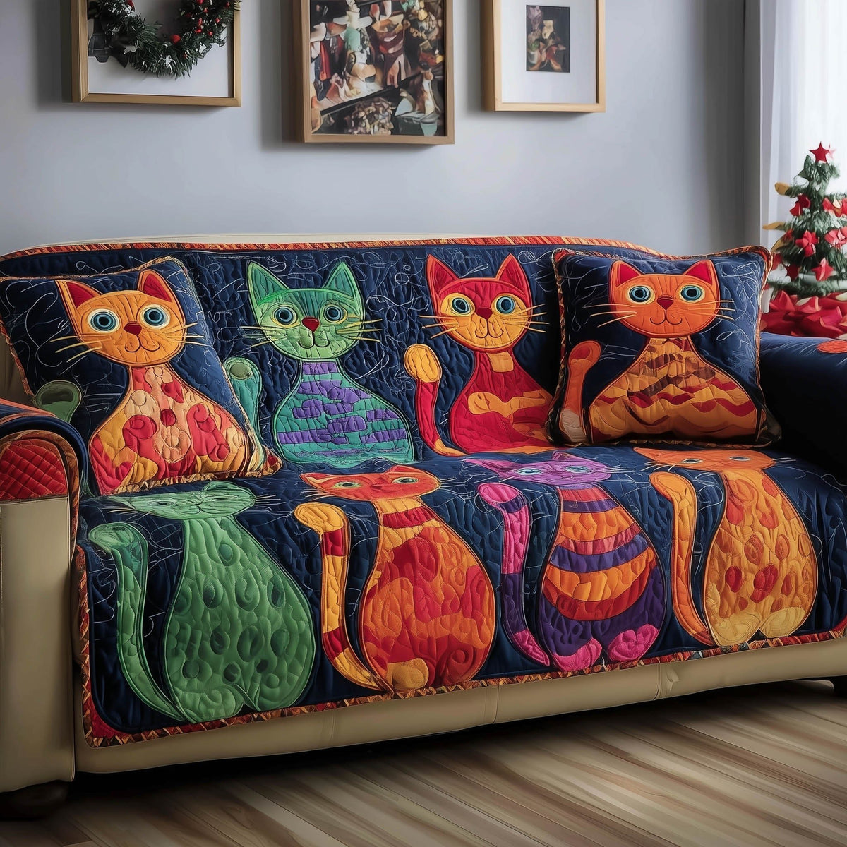 Bright Cats on the Navy Quilt Sofa Cover