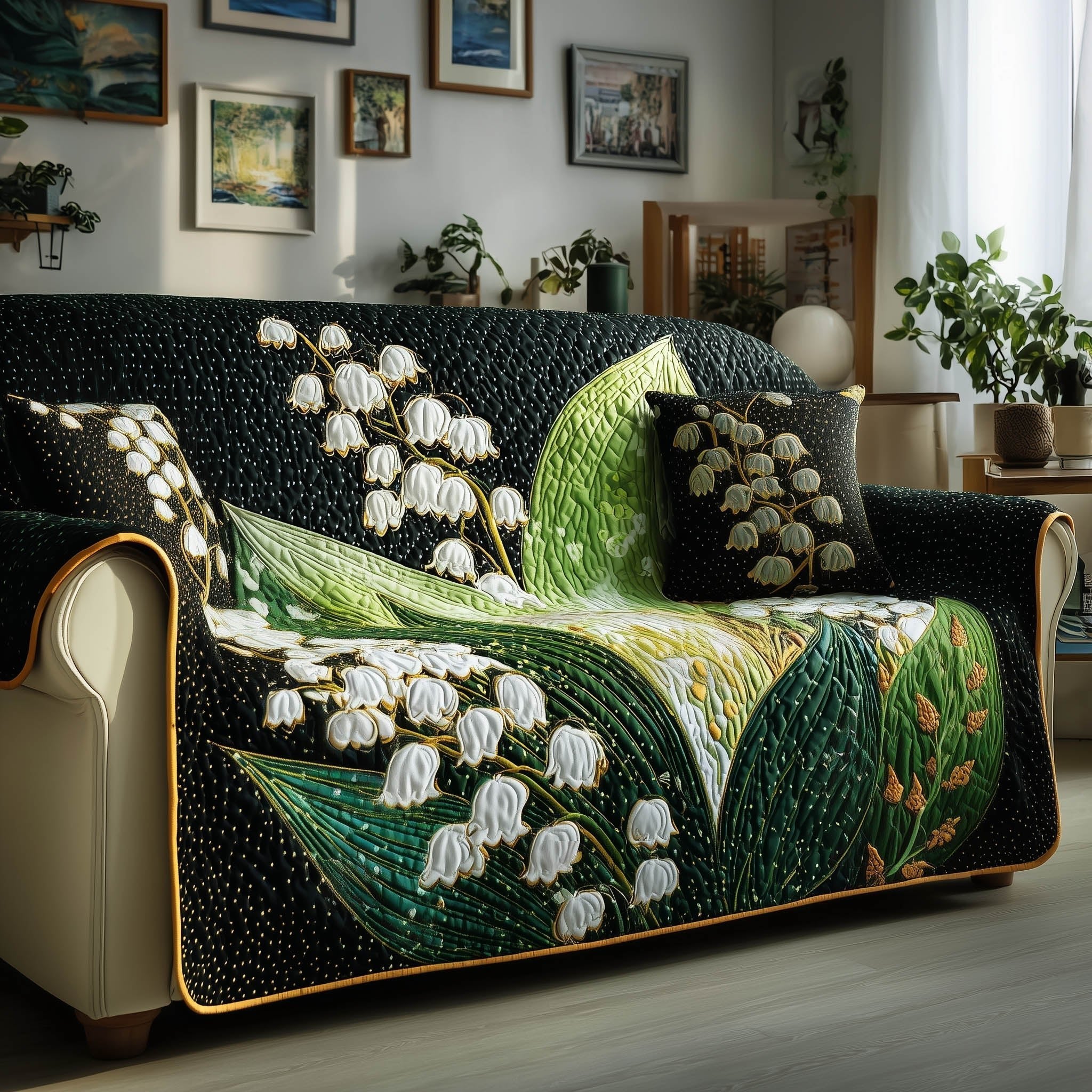 Lily of the Valley on Deep Green Sofa Cover