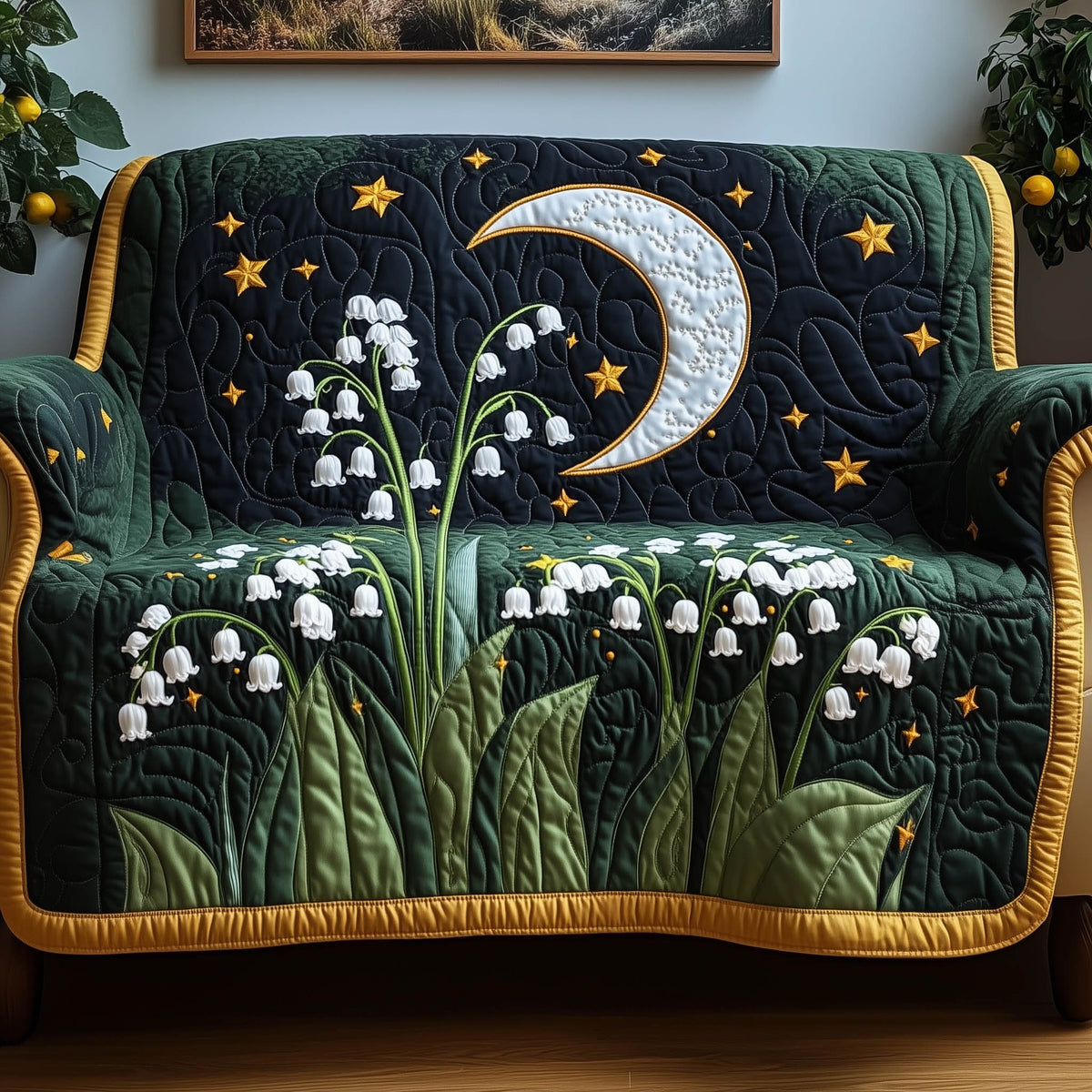 Golden Moon and Stars Over White Bells Sofa Cover