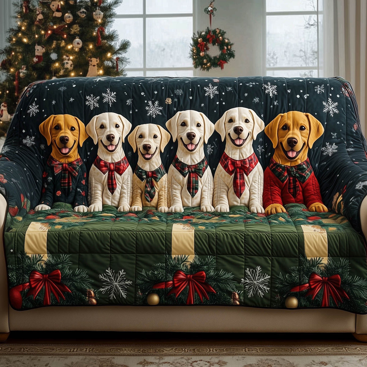 Labradors in Red Scarves on Green Snowflakes Sofa Cover