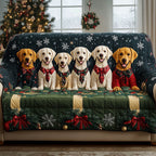 Labradors in Red Scarves on Green Snowflakes Sofa Cover