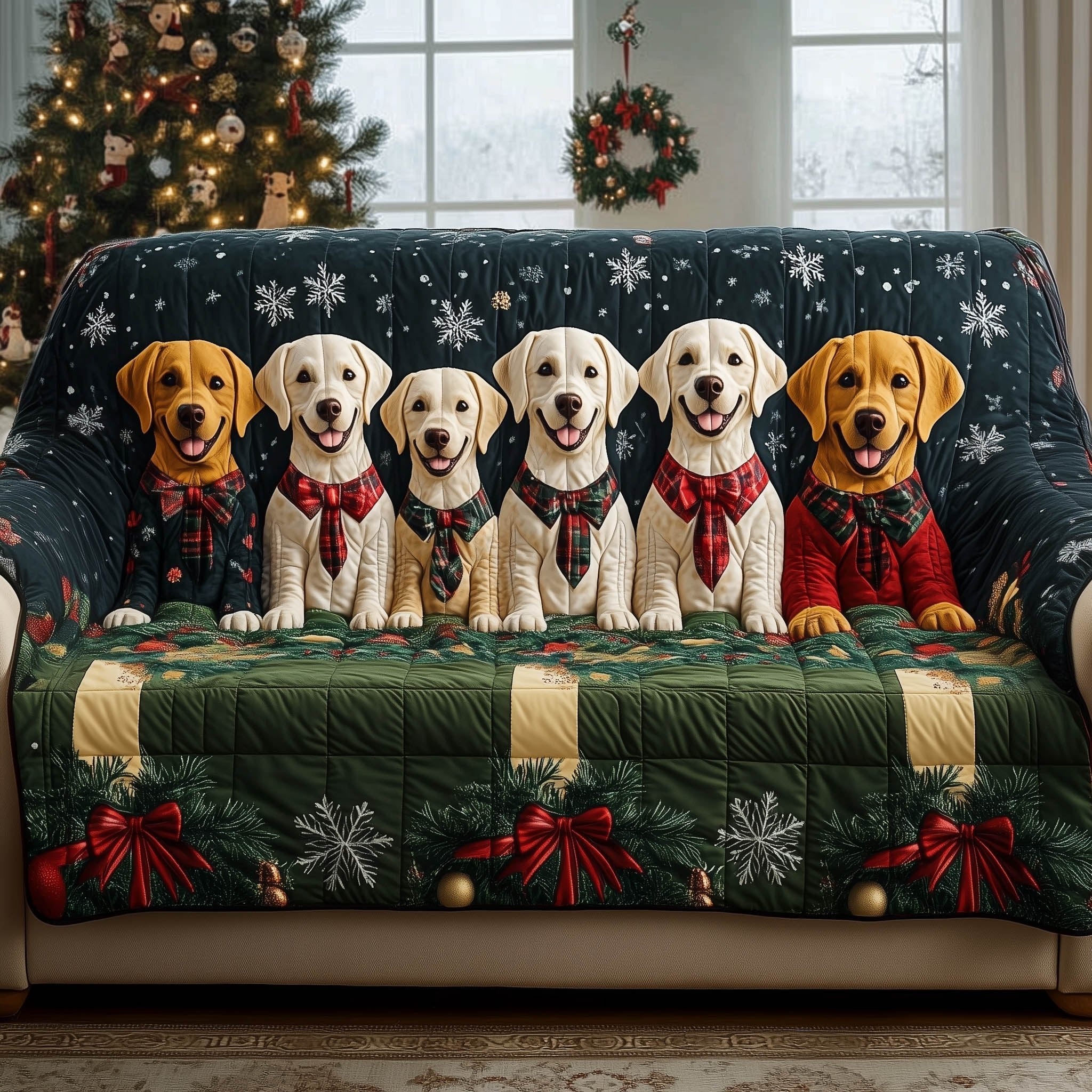 Labradors in Red Scarves on Green Snowflakes Sofa Cover