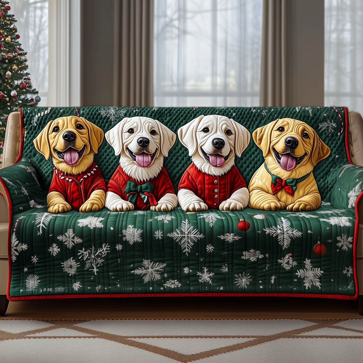 Labradors in Knit Sweaters on Green Sofa Cover