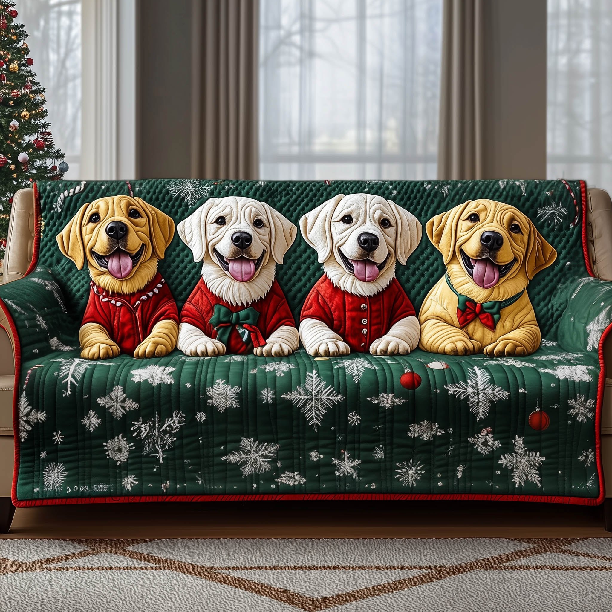 Labradors in Knit Sweaters on Green Sofa Cover