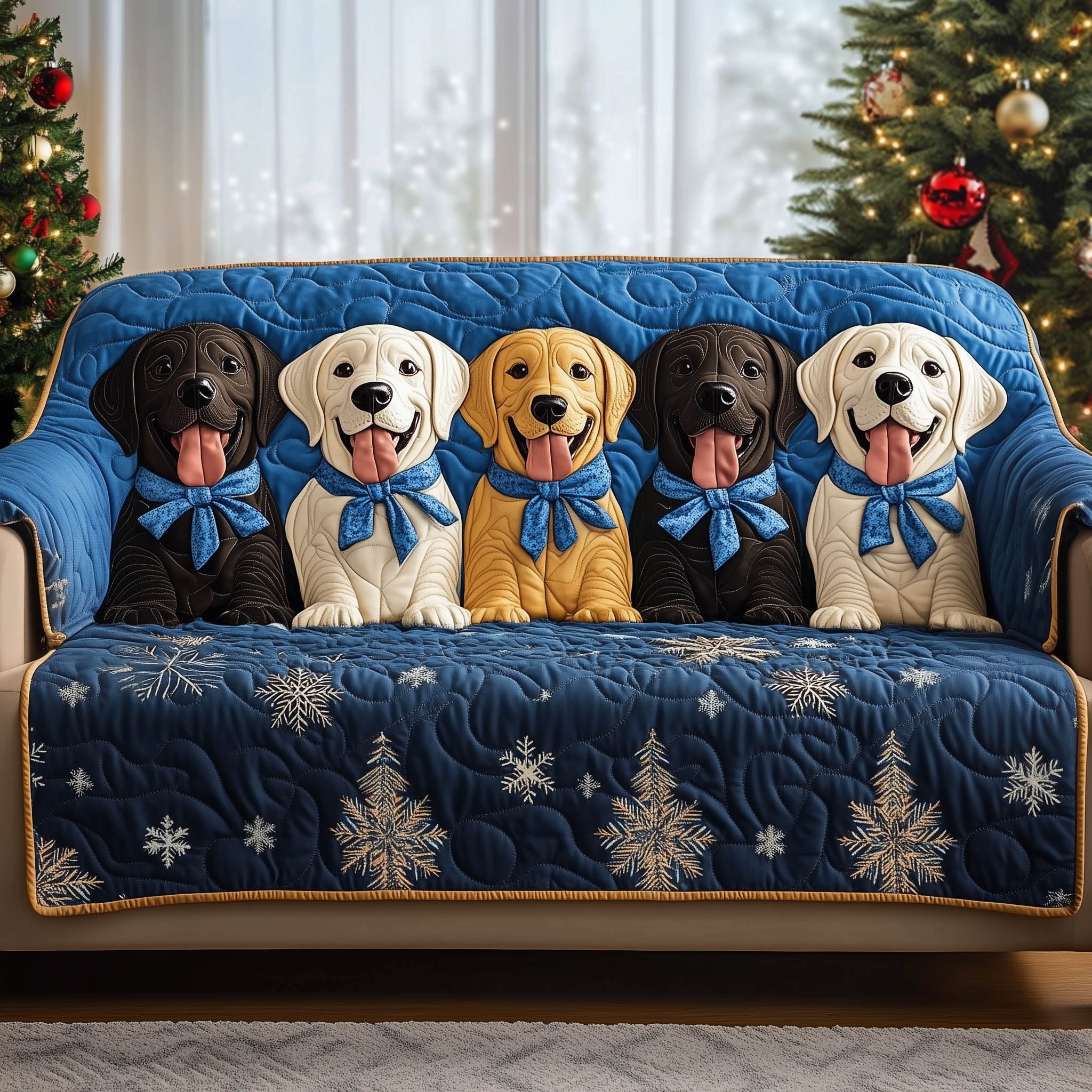 Labrador Puppies with Blue Bows Sofa Cover