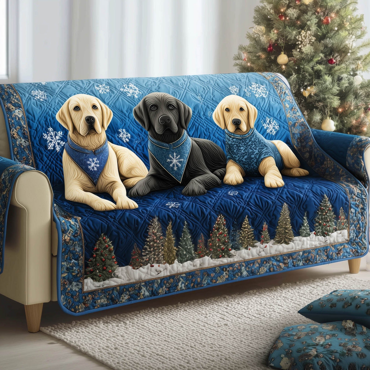Labradors in Bandanas Above the Pine Border Sofa Cover
