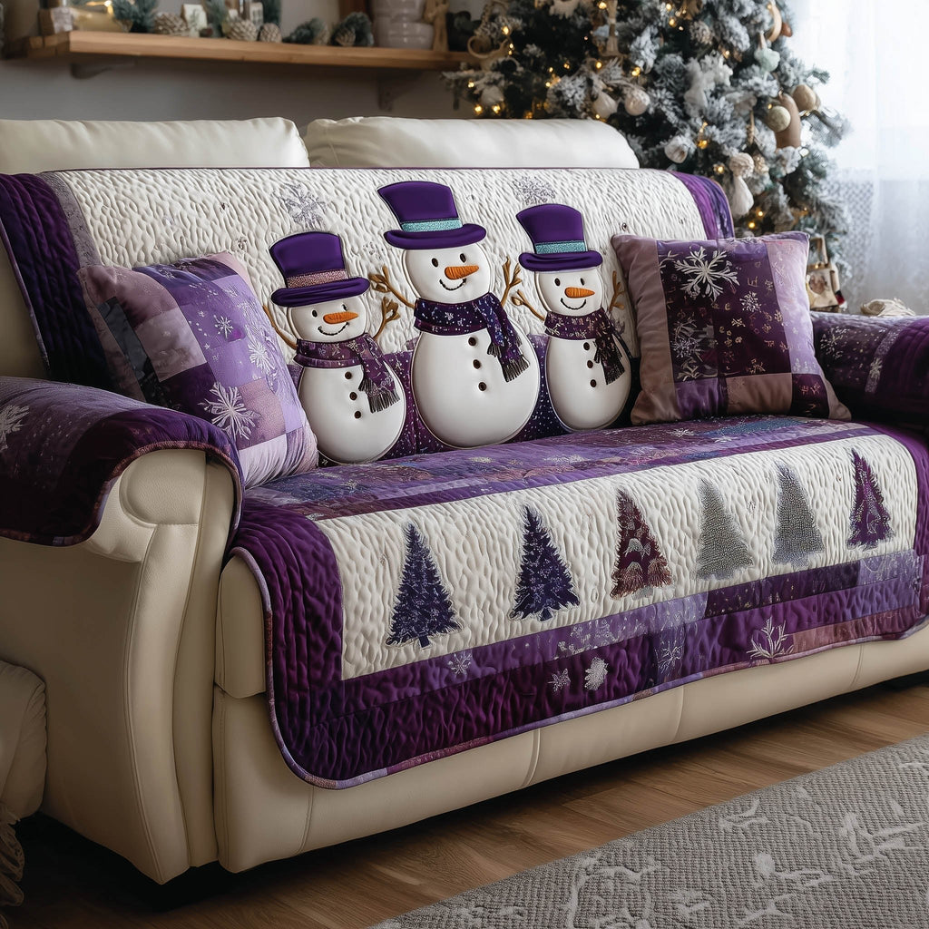 Snowmen in Blue Hats on Purple Patchwork Sofa Cover