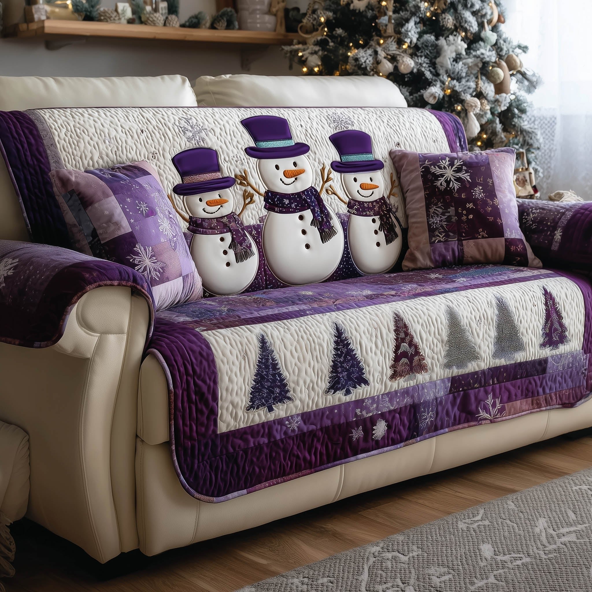 Snowmen in Blue Hats on Purple Patchwork Sofa Cover