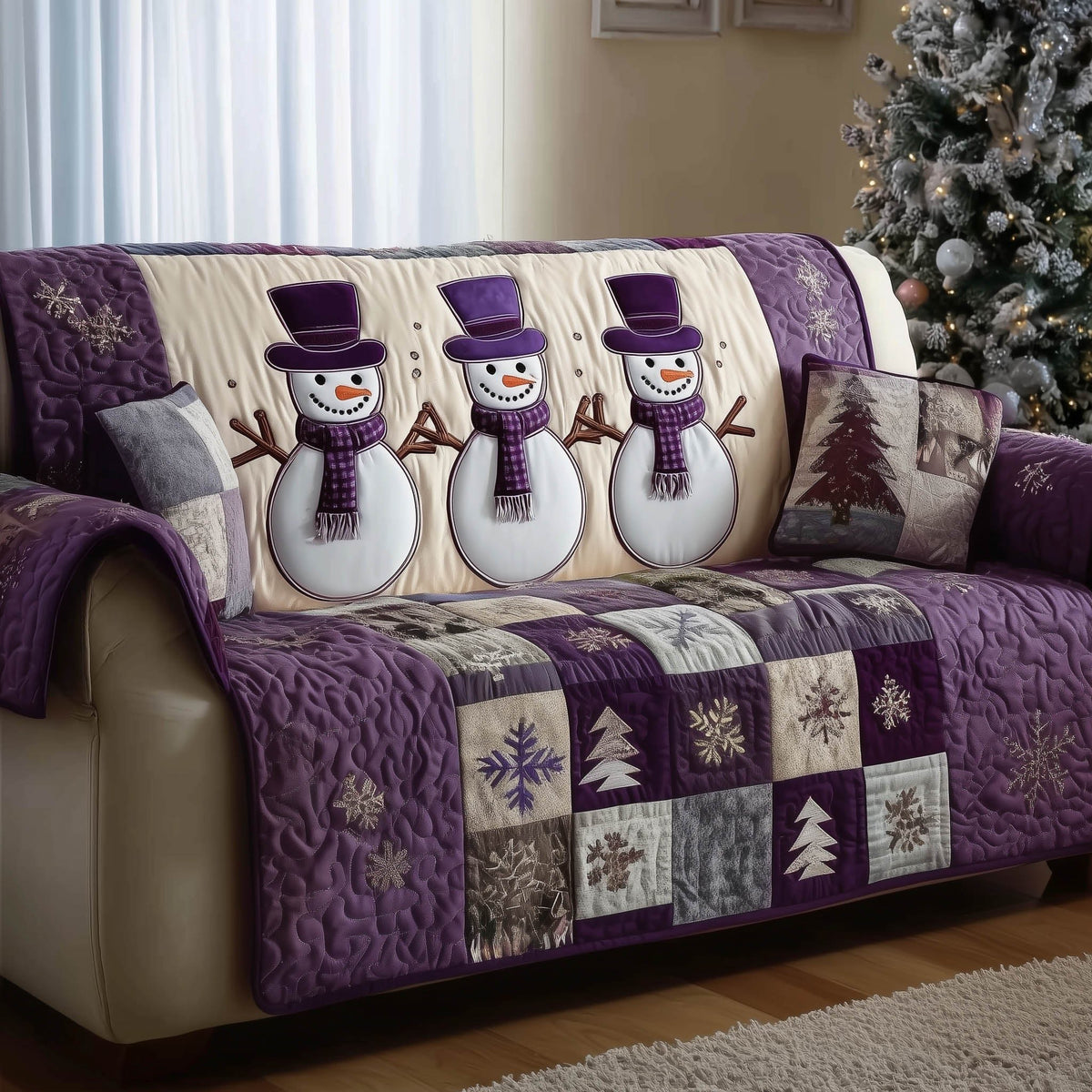 Top Hat Snowmen on Plum Blocks Sofa Cover