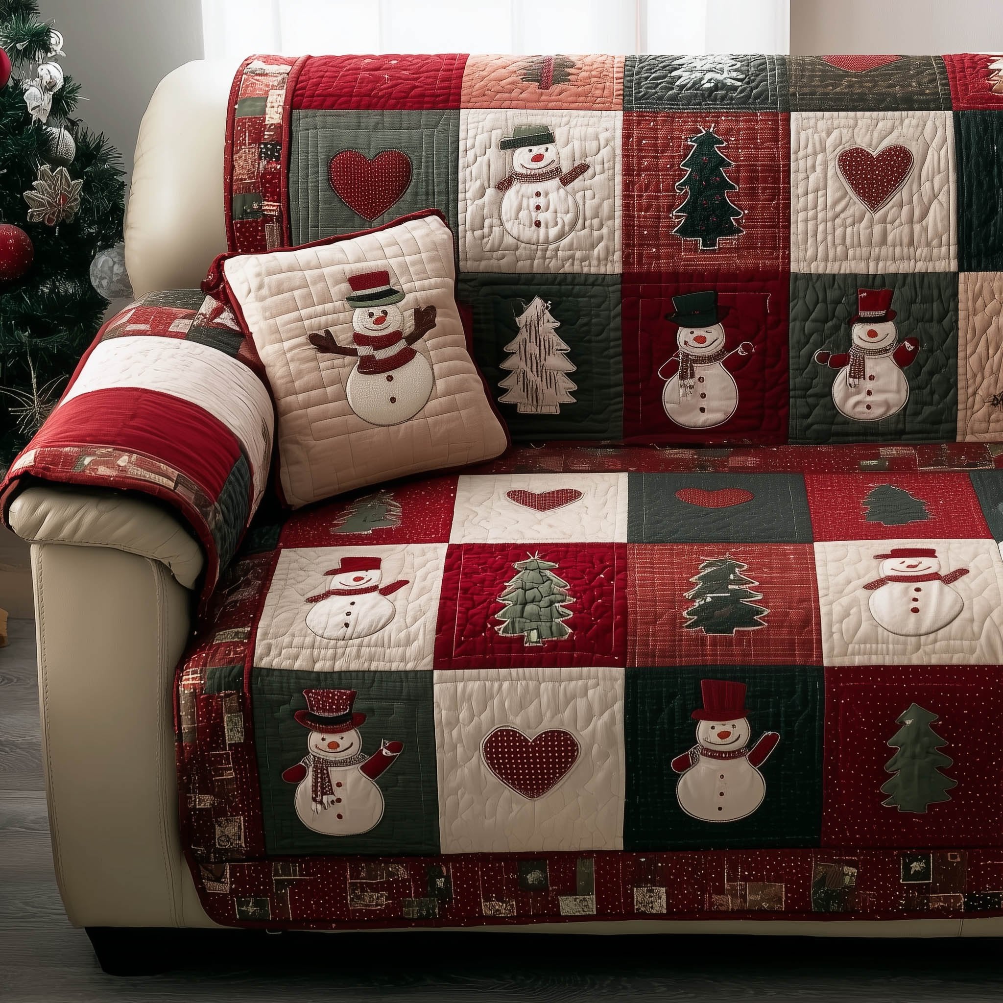 Snowmen and Hearts in Red and Green Squares Sofa Cover