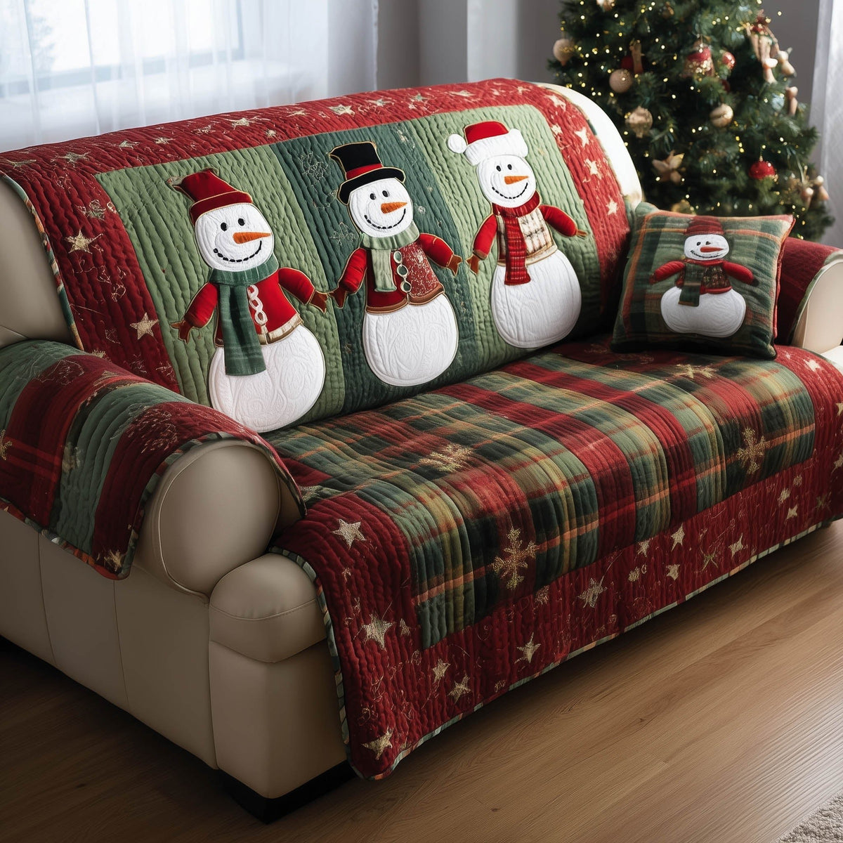 Snowmen Above the Tartan Plaid Sofa Cover