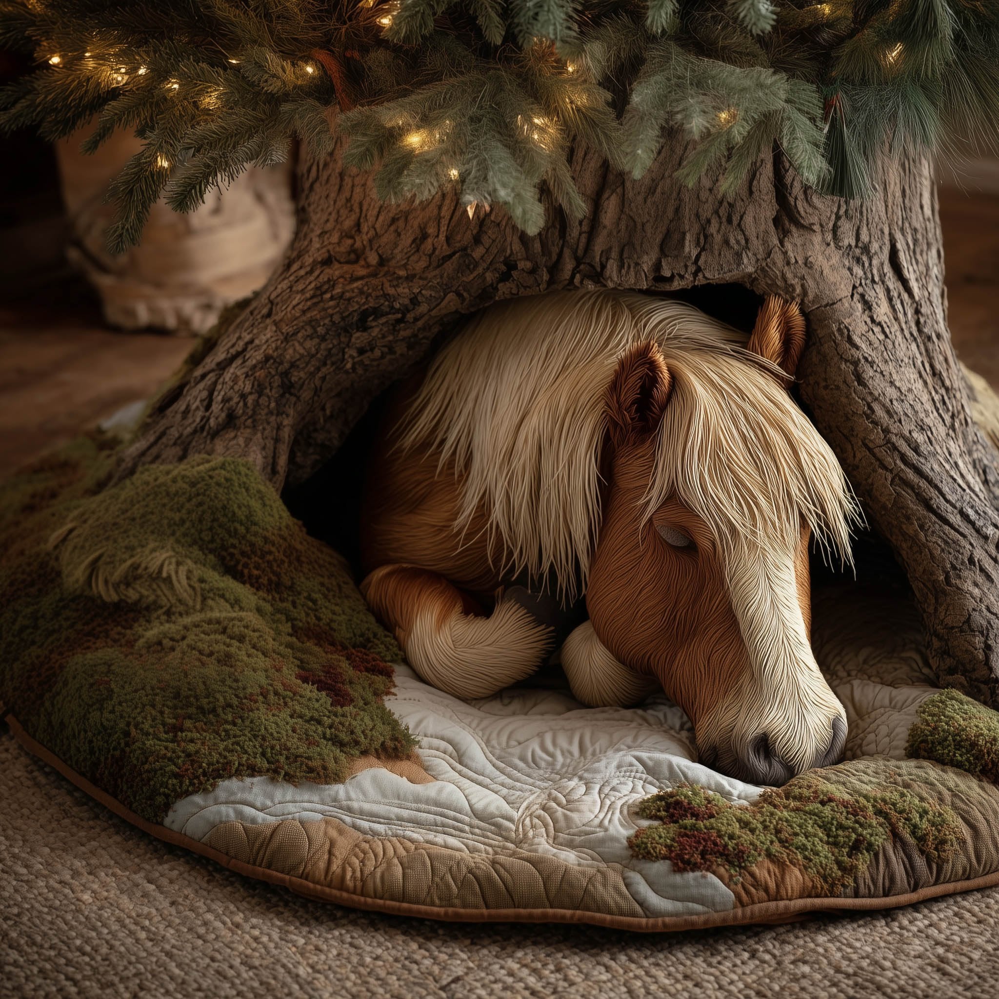 Palomino Horse on Green Moss Christmas Tree Skirt